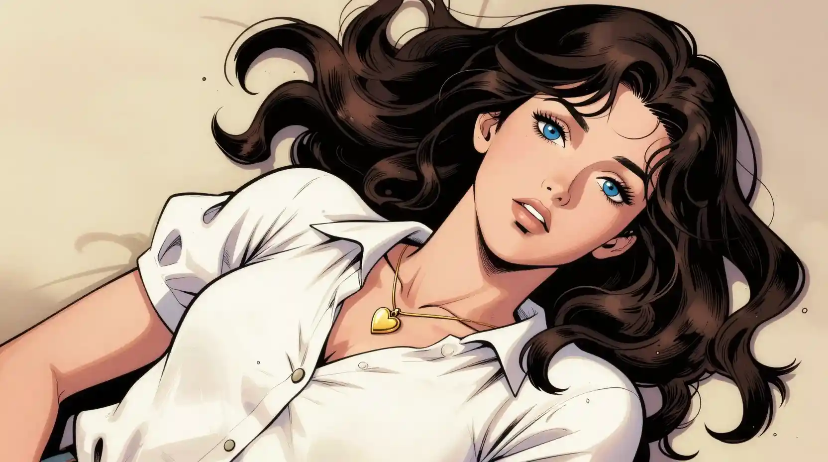 Woman with wavy dark hair lying on light beige surface