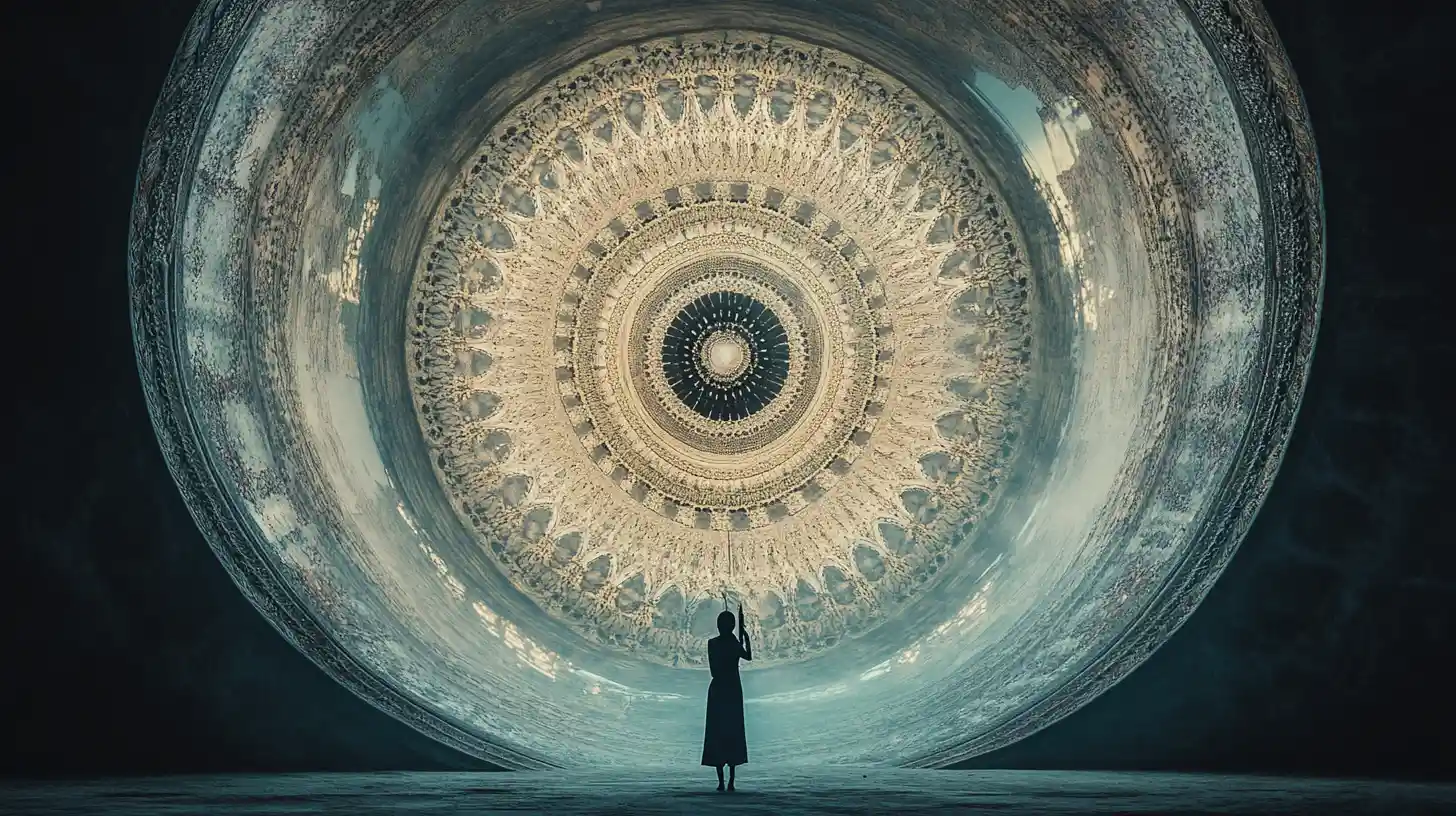 Figure beneath a circular canopy over a dark reflective void