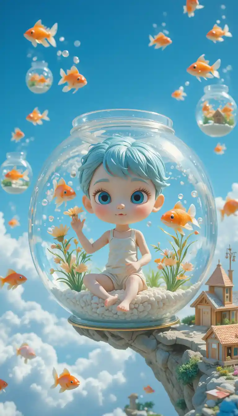 Girl caring for goldfish in a sky floating aquarium