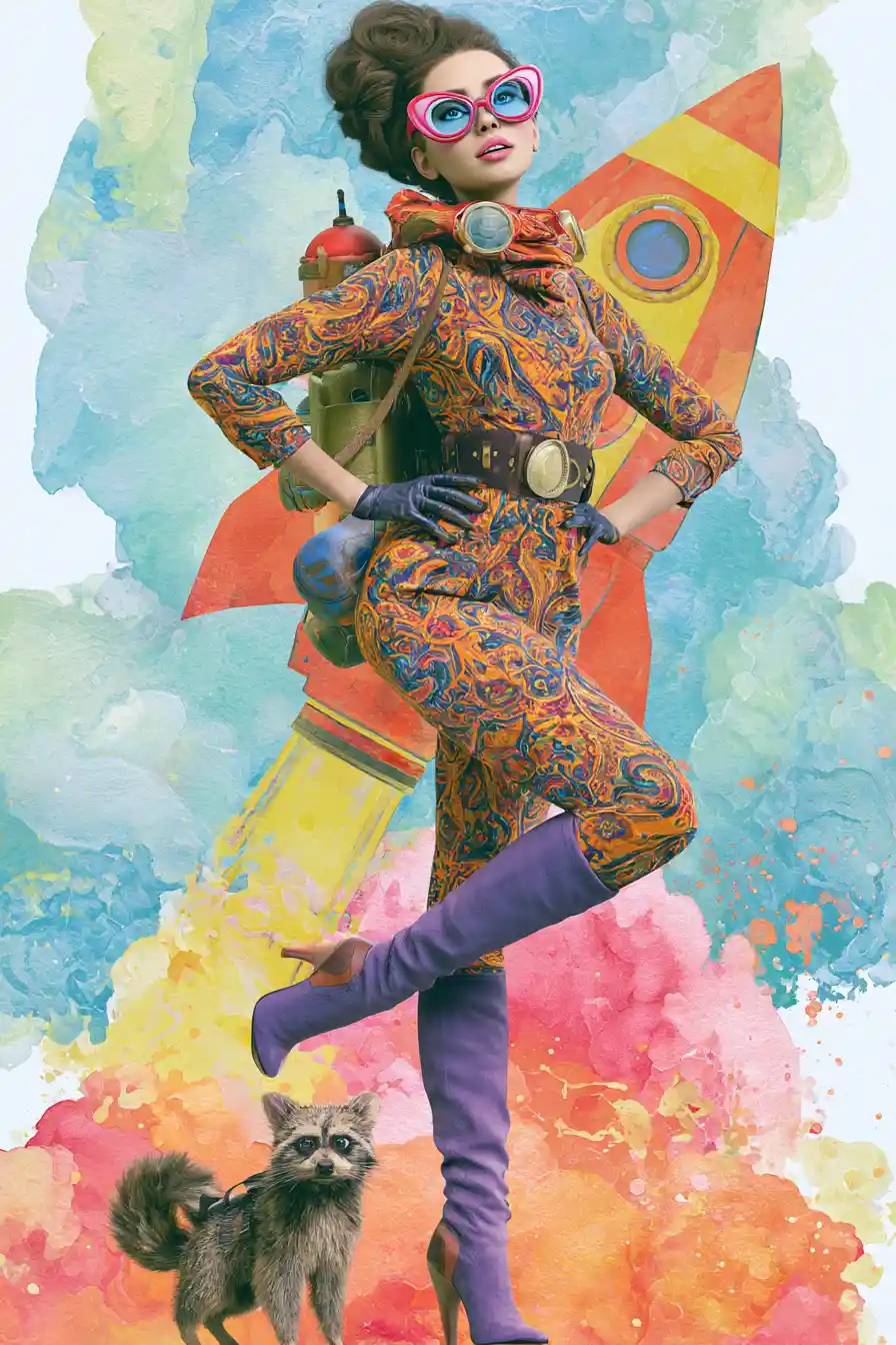 Quirky retro futuristic woman with funky glasses and pet