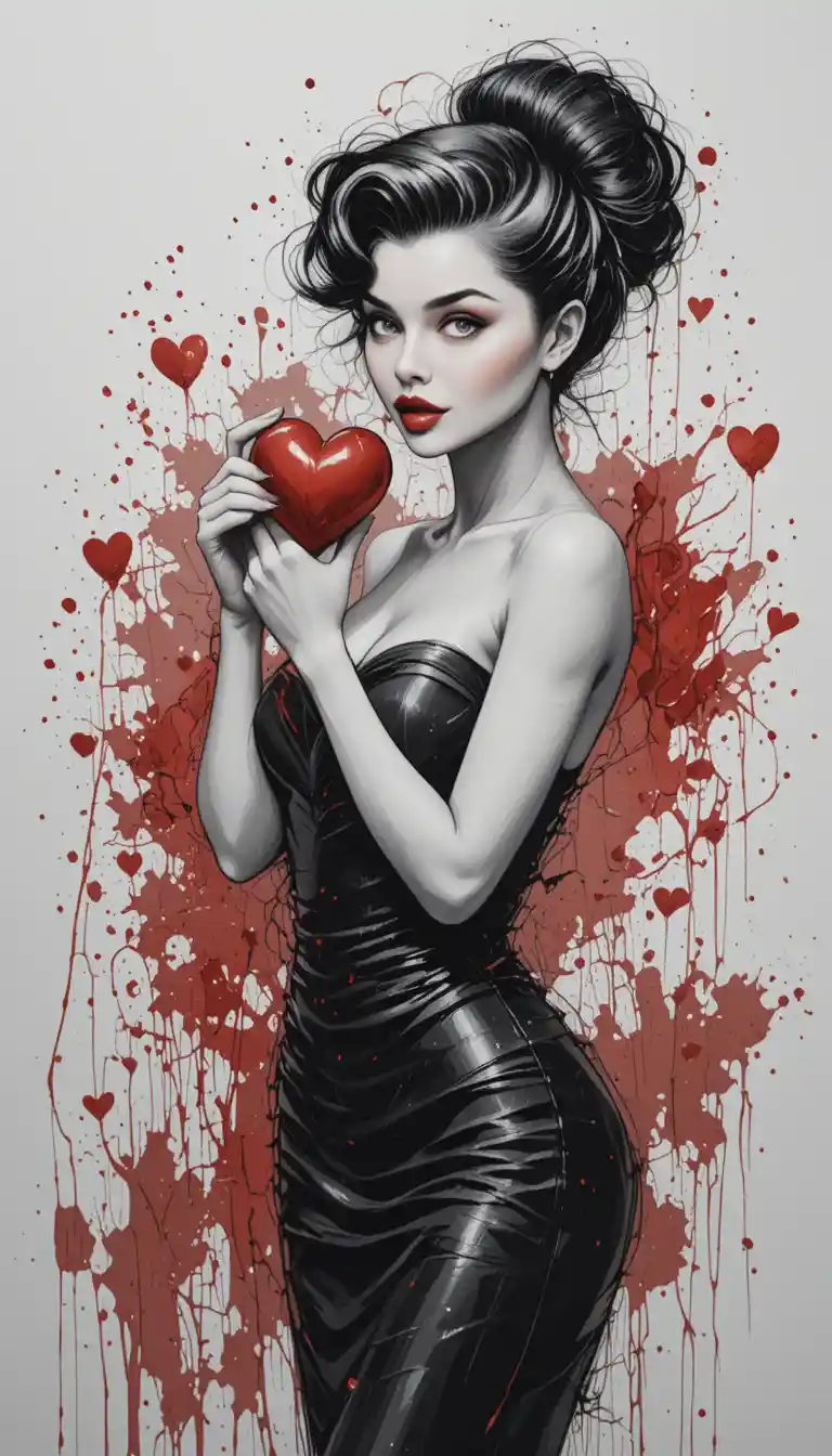 Glamorous brunette holding a red heart in abstract red art