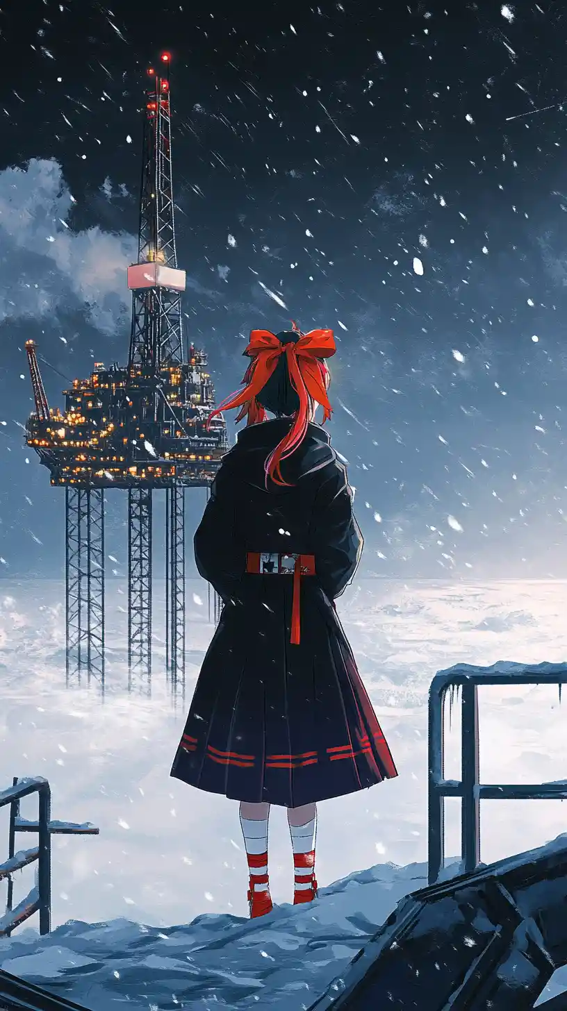 Anime girl on a snowy oil rig in a stormy night