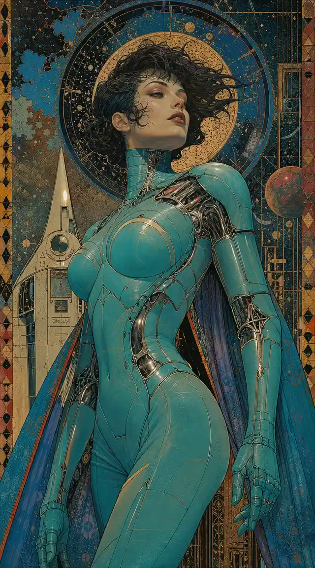 Turquoise Armored Sci Fi Woman In European Comic Style