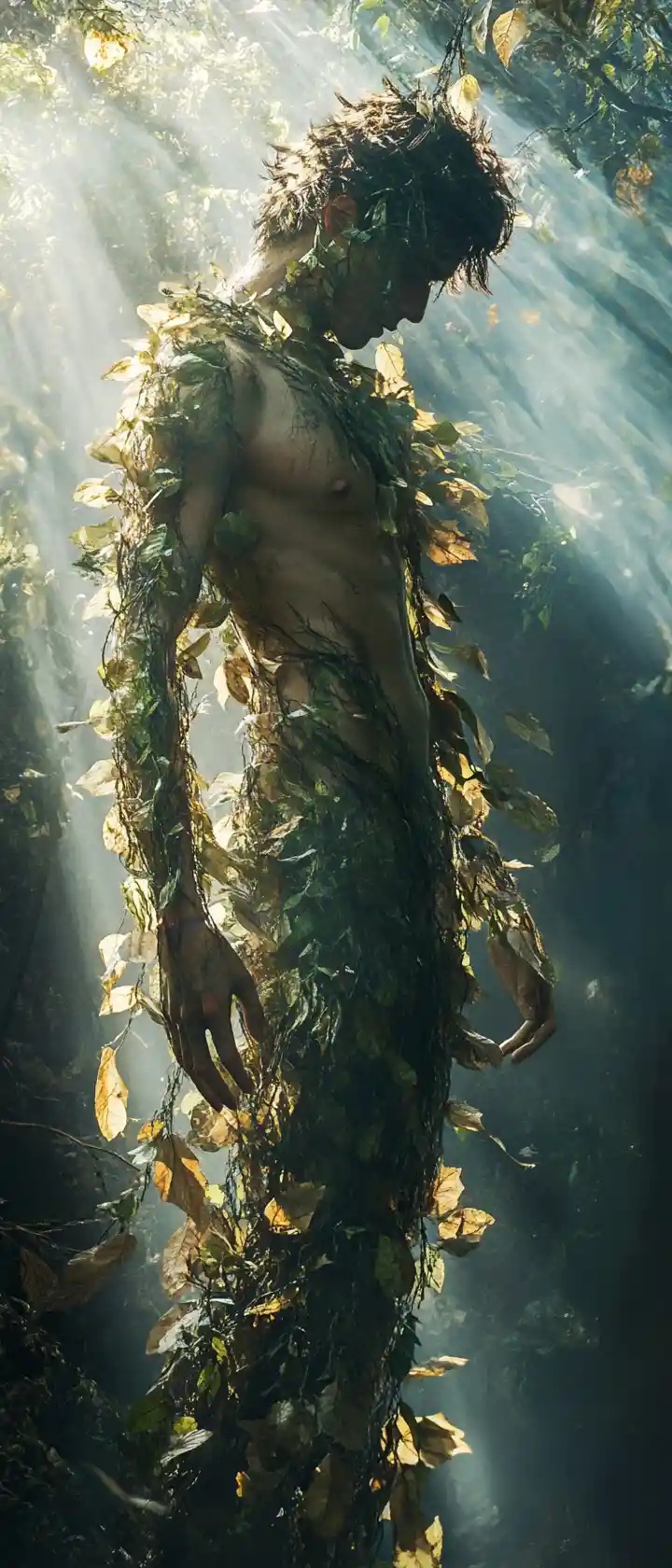 Male dancer camouflaged among leaves in a dreamlike forest