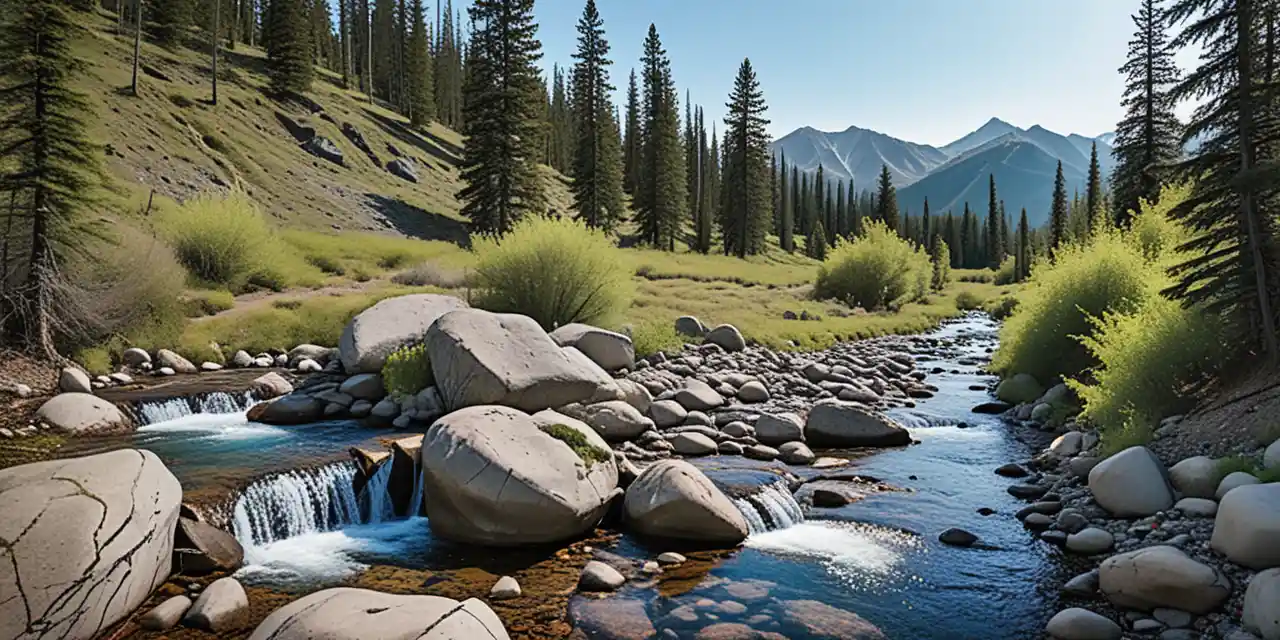 Lush forest creek with rocks and birthday postcard theme