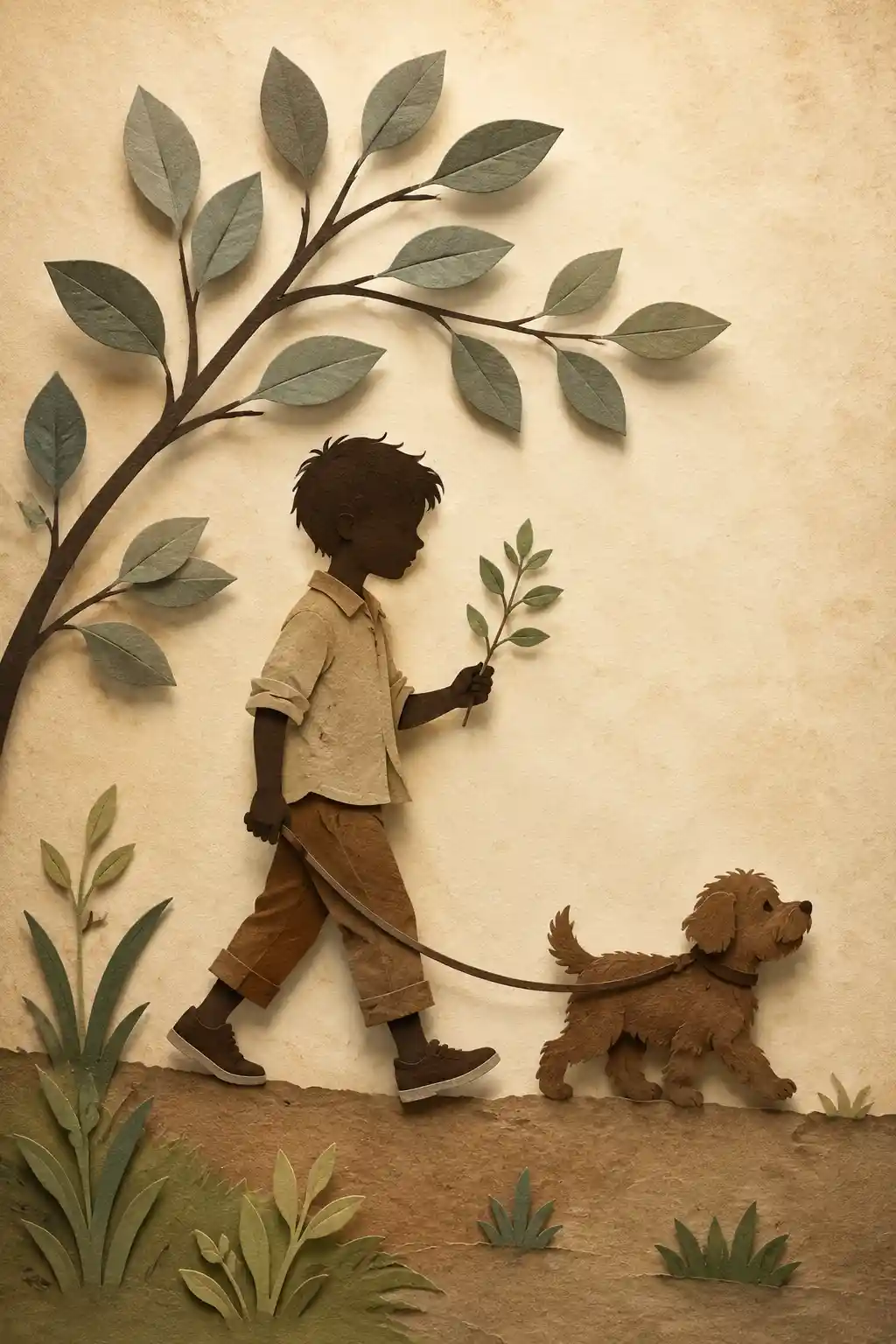 Boy walking a dog in layered papercut silhouette art