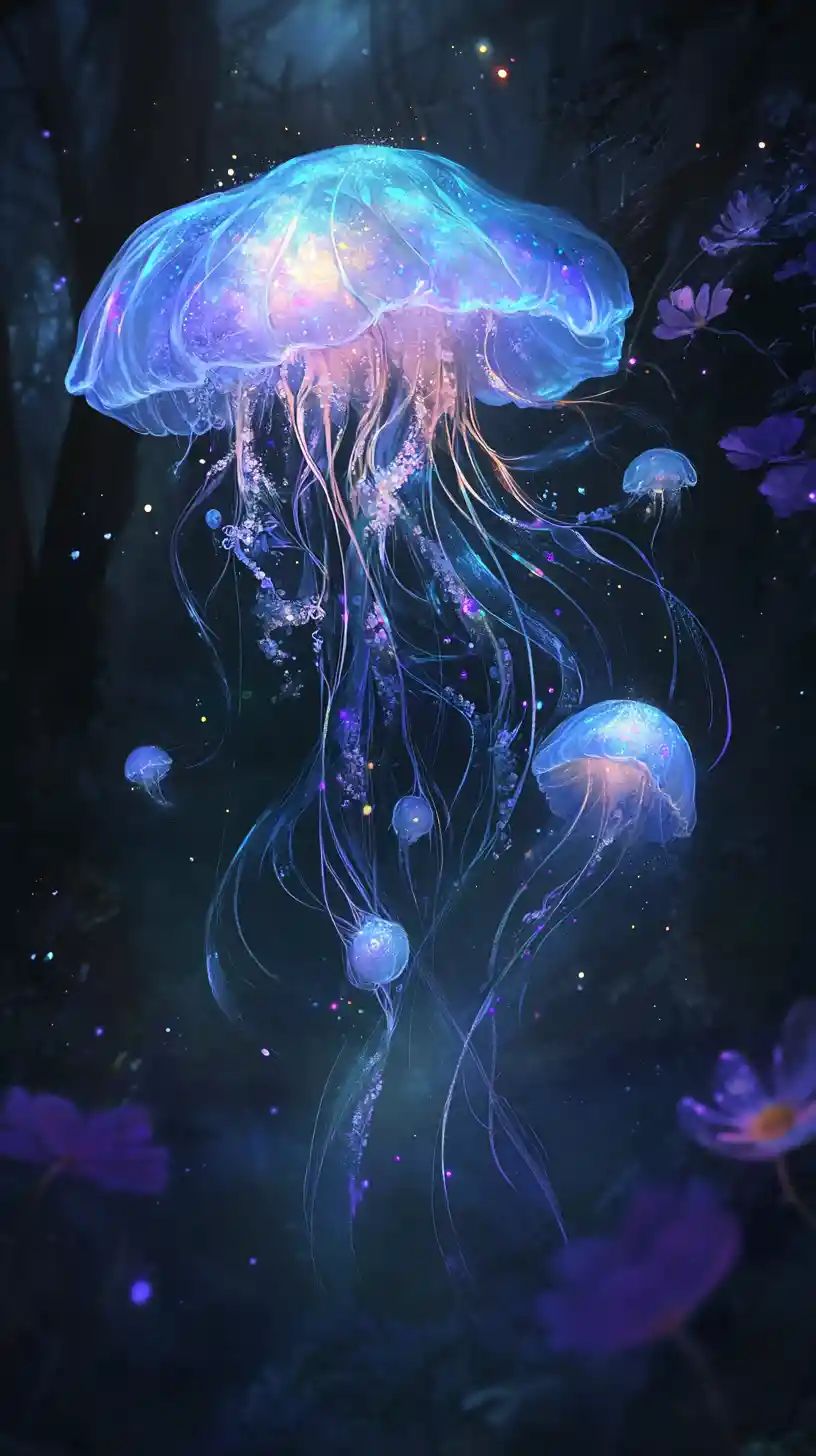 Glowing Petal Creature Drifting Through Dark Enchanted Forest