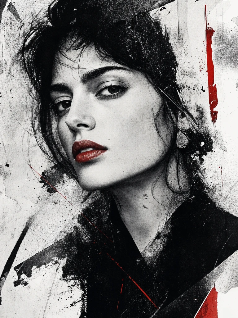 Ink portrait of a young woman with red lips and dark eyes