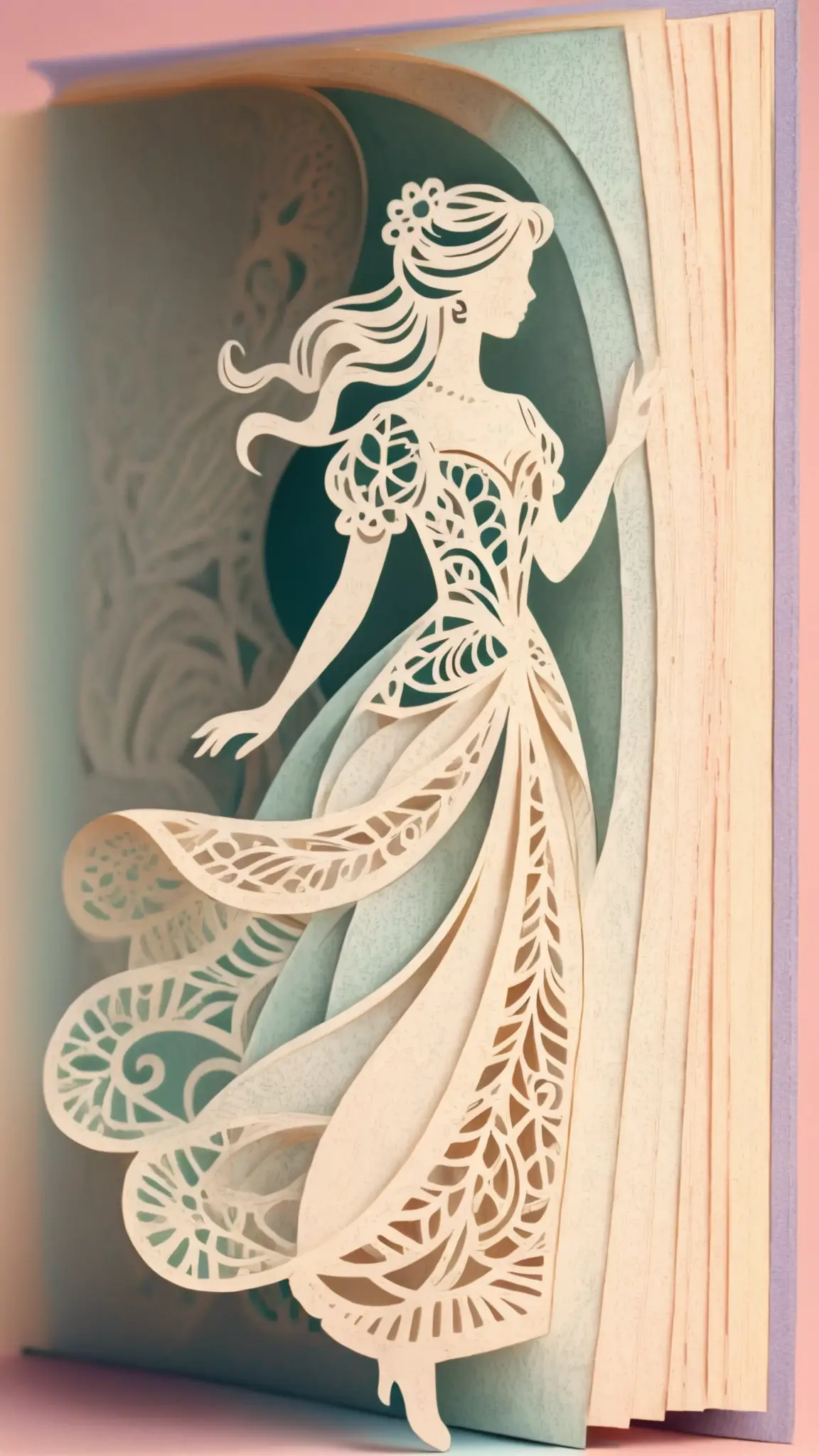 Elegante Papierfigur einer Frau, die aus einem pastellfarbenen Pop-up-Buch auftaucht