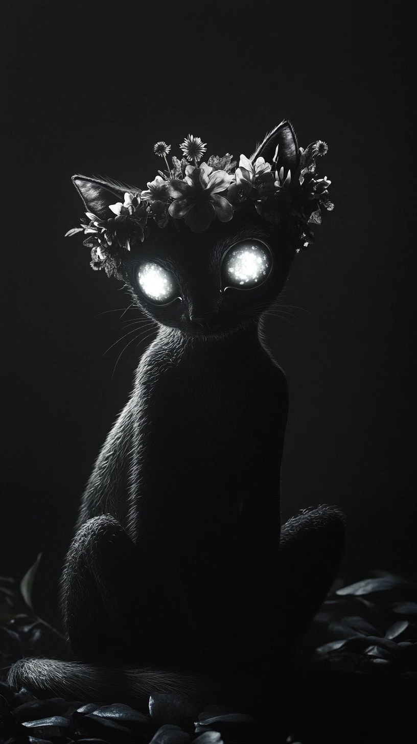 Small crowned creature in darkness with luminous eyes