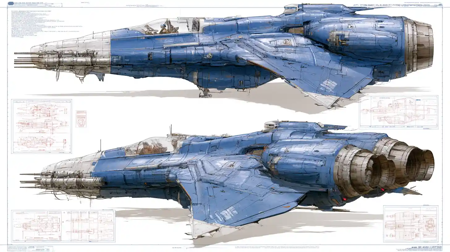 Technical diagram of a single seat space fighter with schematics