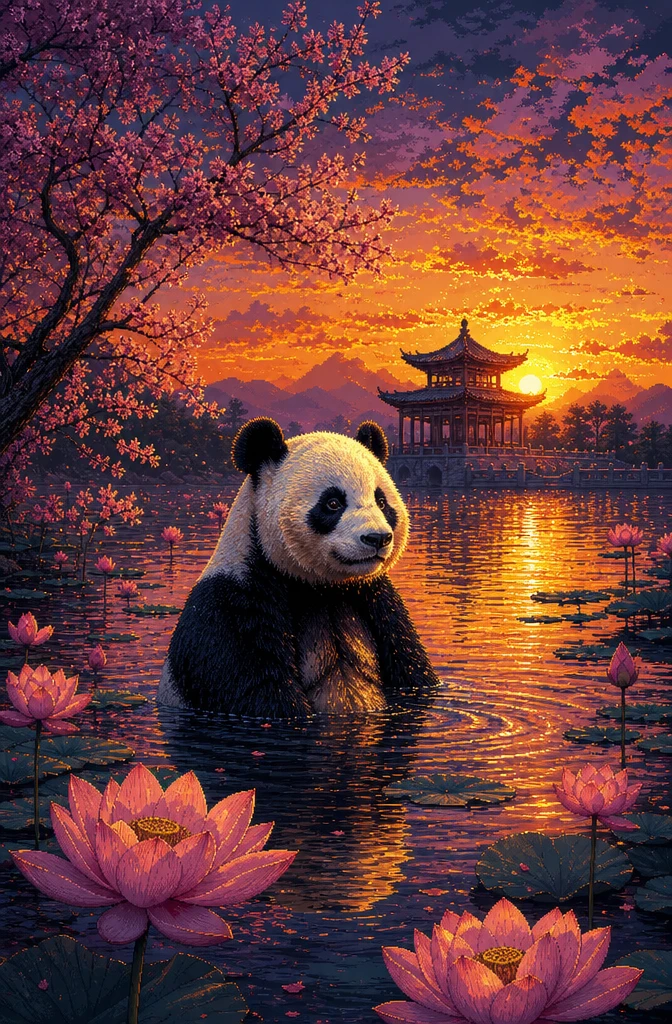 Panda swimming in a lotus lake at sunset