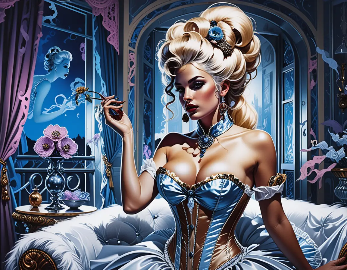 Rococo inspired blonde courtesan in ornate fantasy boudoir