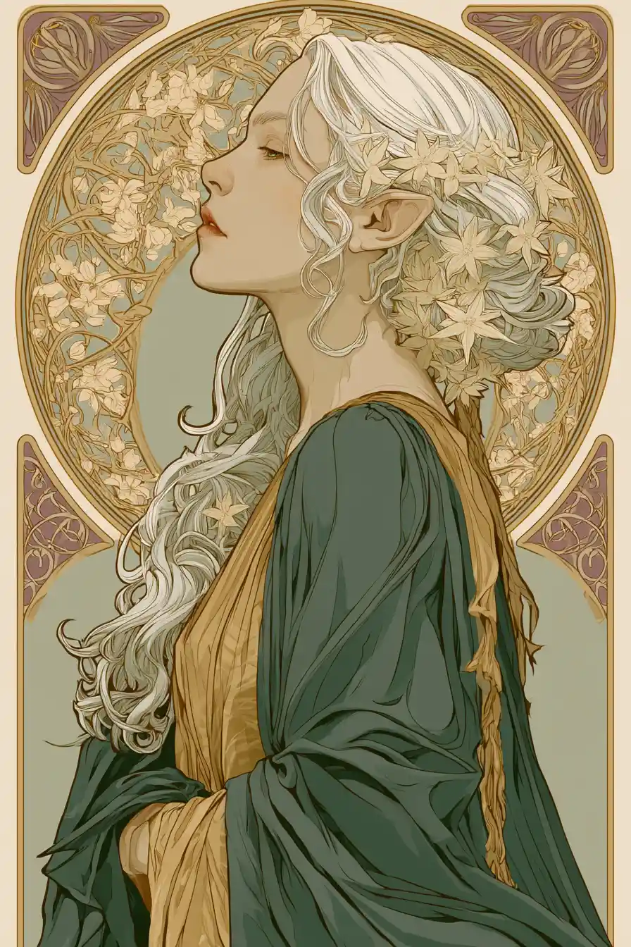 Art nouveau portrait of a serene elven woman in ornate frame