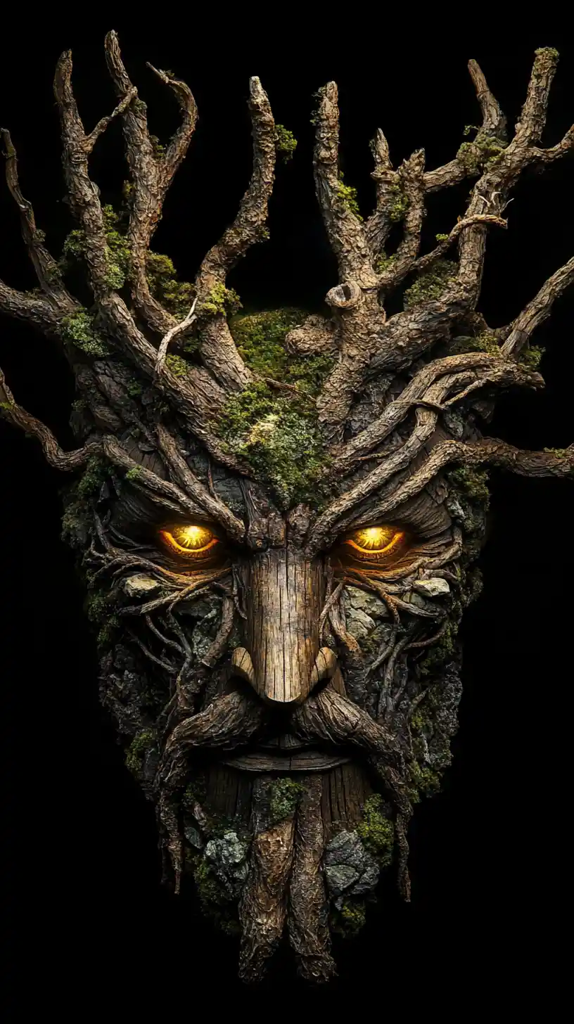 Ancient forest spirit face with glowing golden eyes