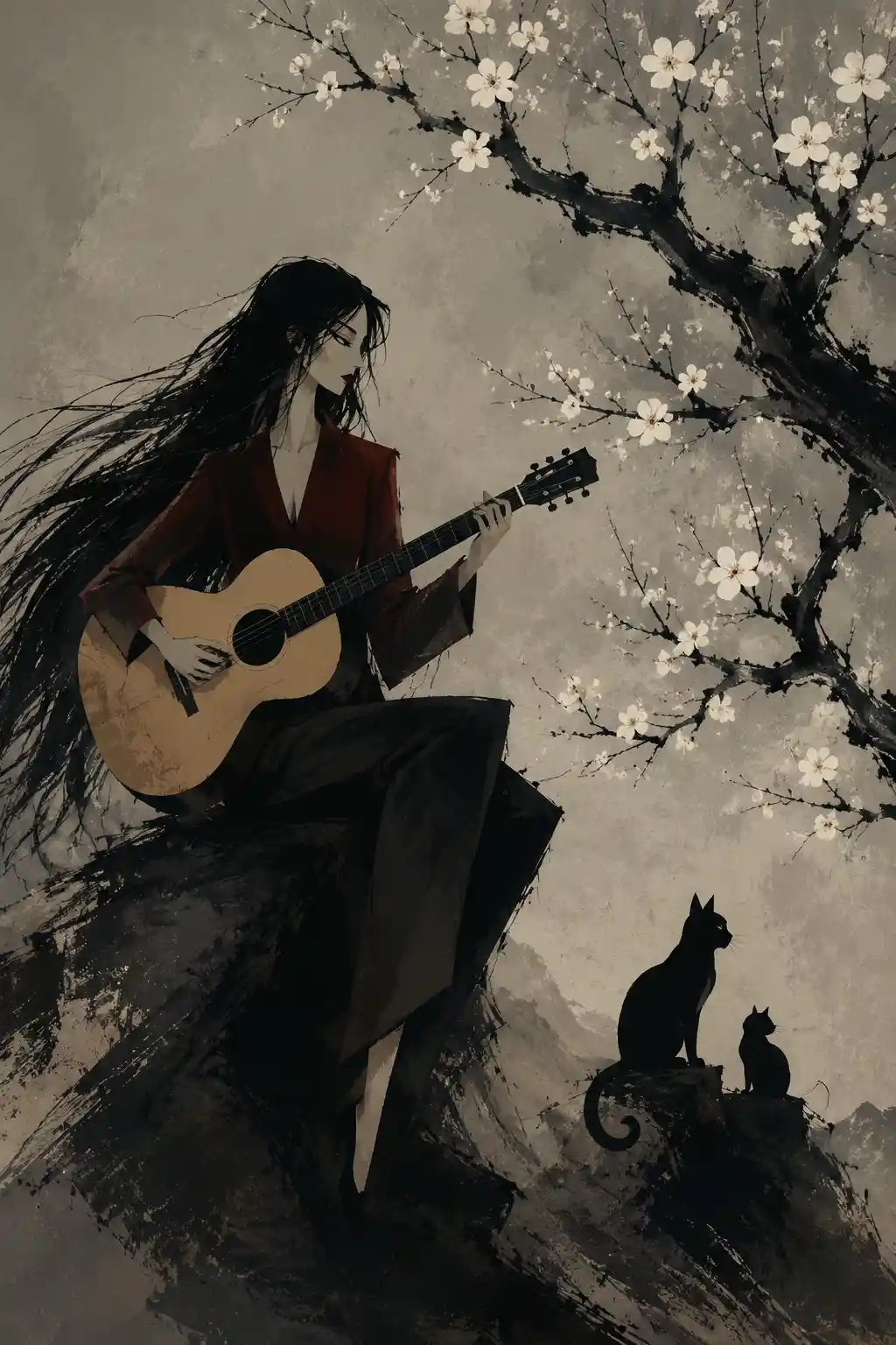 Woman playing guitar beside blossoming tree in muted tones