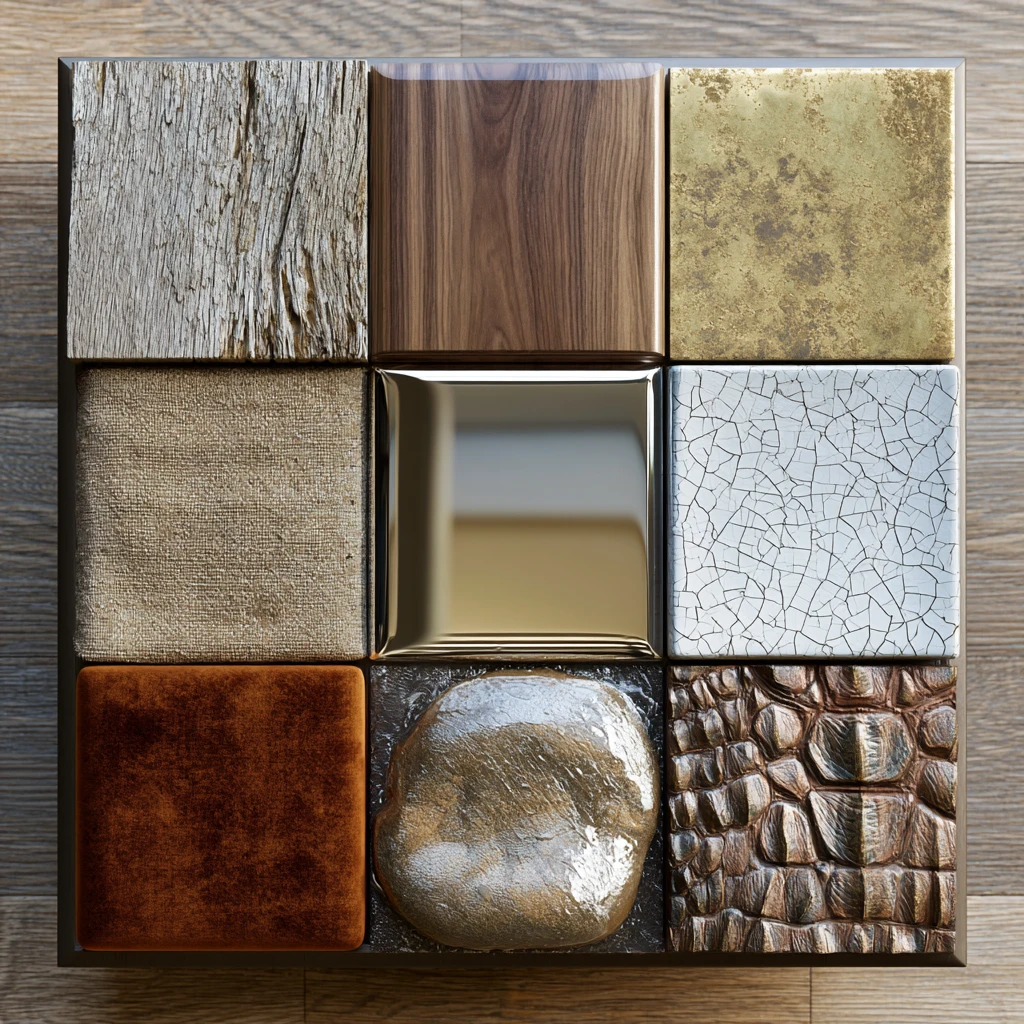 Grid of nine realistic material textures on a table