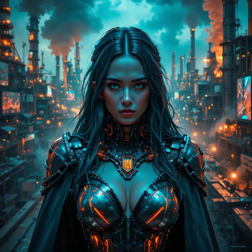 Cyberpunk empress in neon drenched industrial canyon