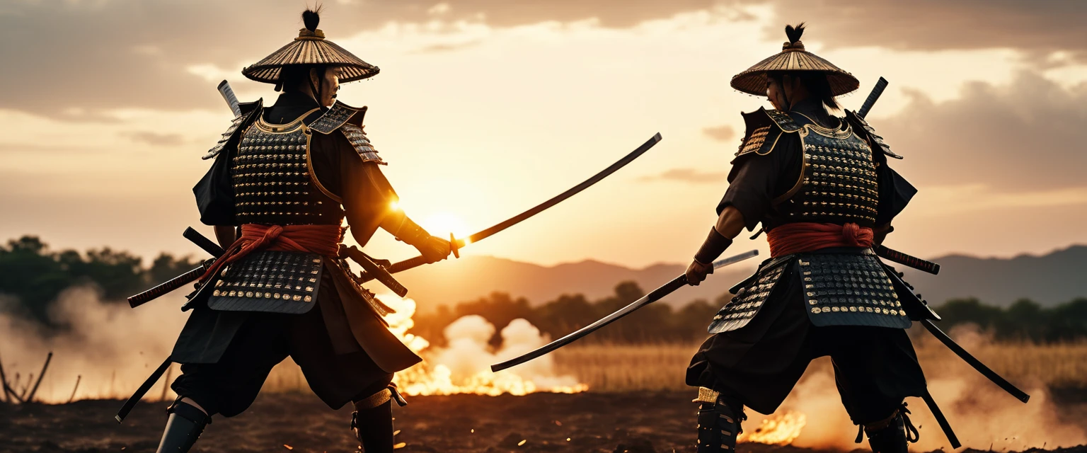 Two samurai warriors clash katanas on a sunset battlefield