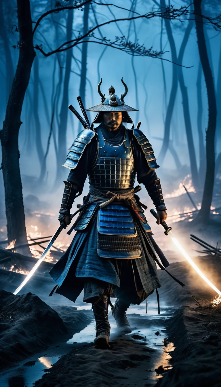 Ghostly samurai warrior on a moonlit ruined battlefield