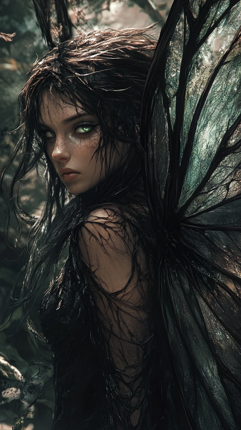 Defiant fairy with broken crystal wings in forest shadows