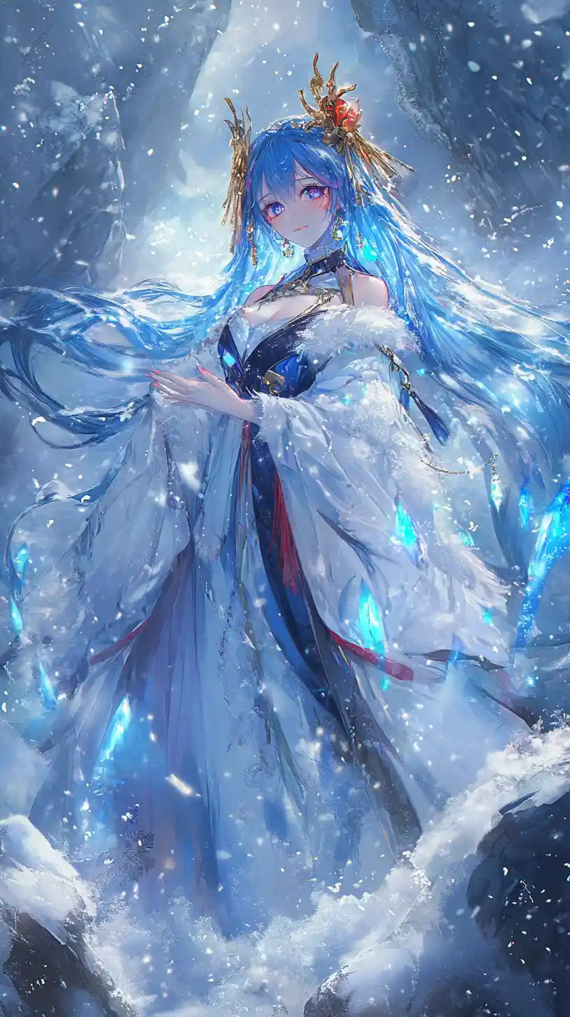 Blue haired anime girl wielding a dark ice sword