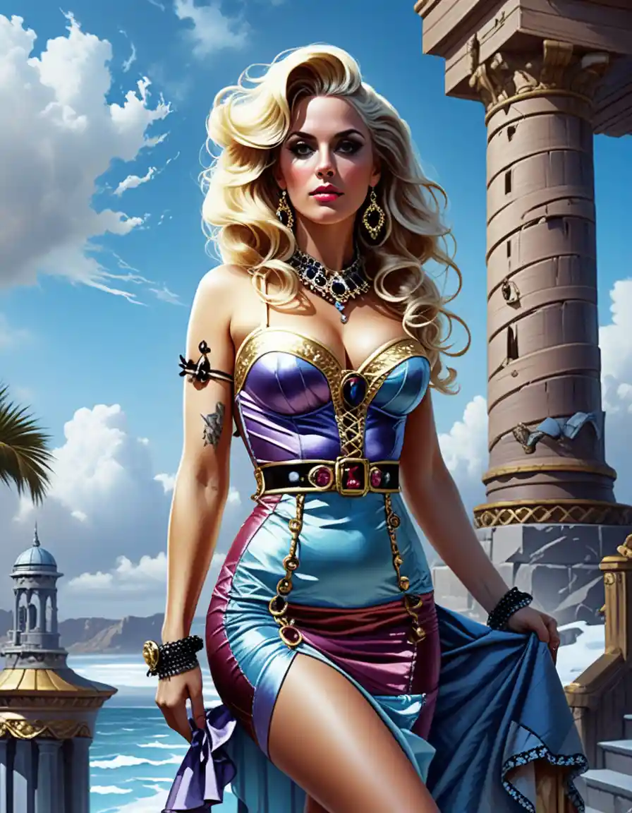 Glamorous blonde pinup in a mystical cloud temple city