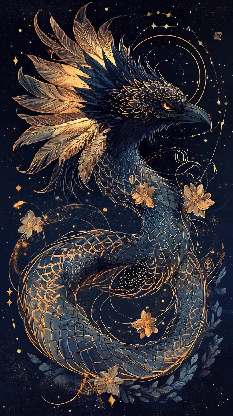 Serpentine raven headed creature drifting through cosmic void