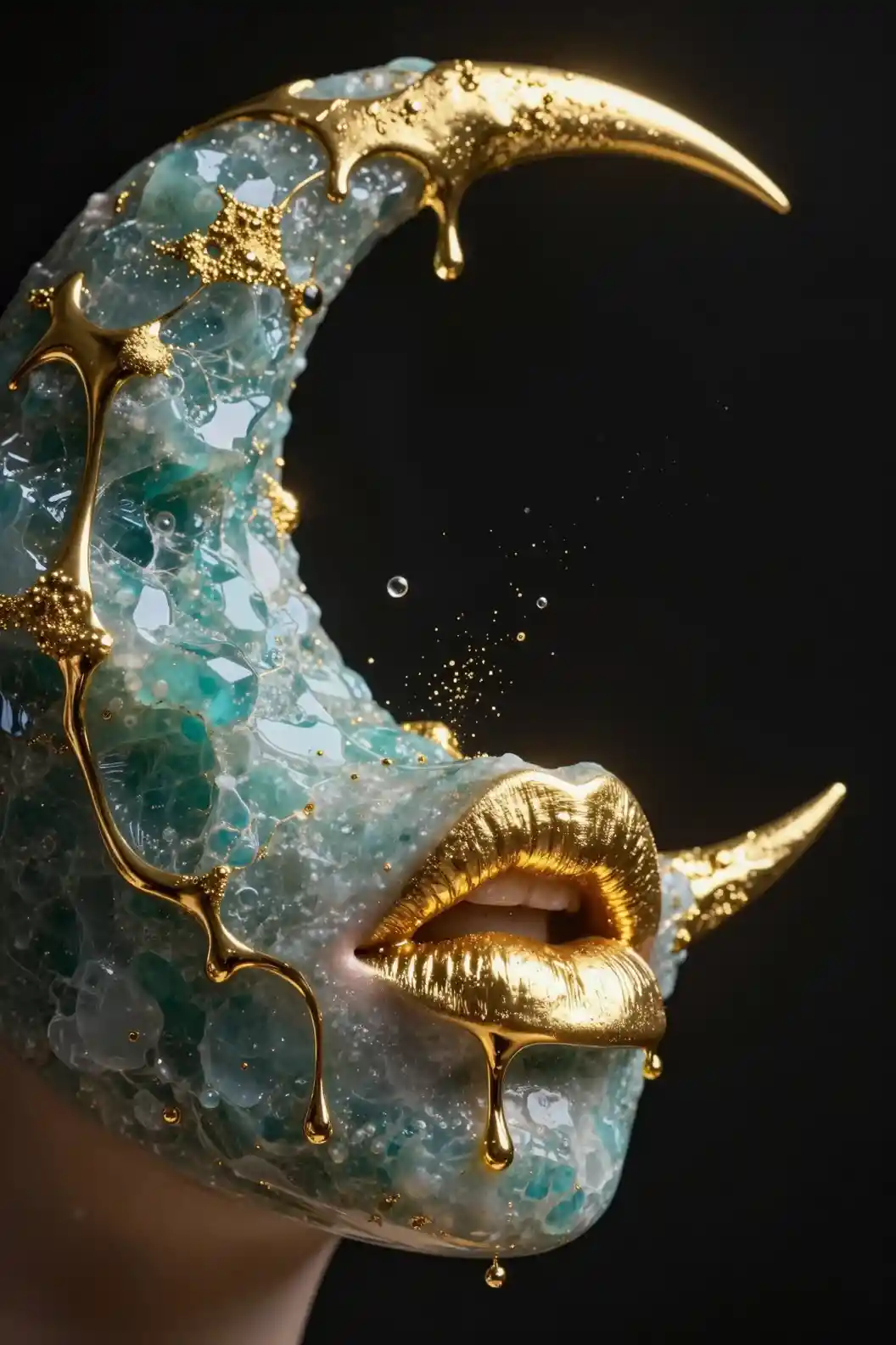 Surreal crescent moon face with dripping molten gold lips