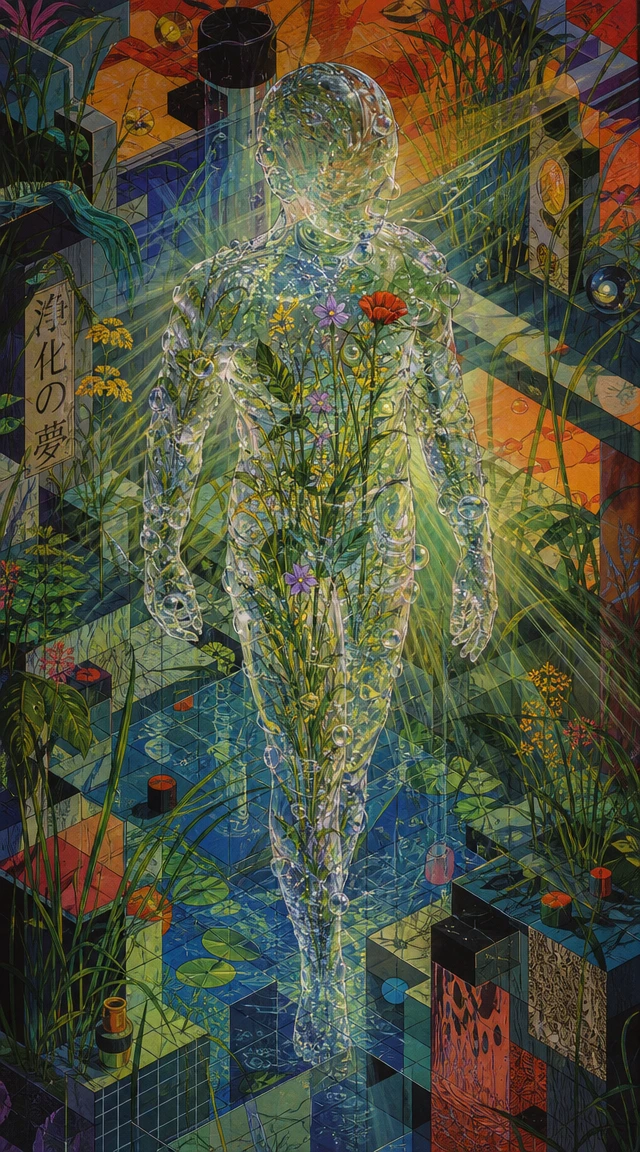 Surreal water woman formed by droplets in tall grass