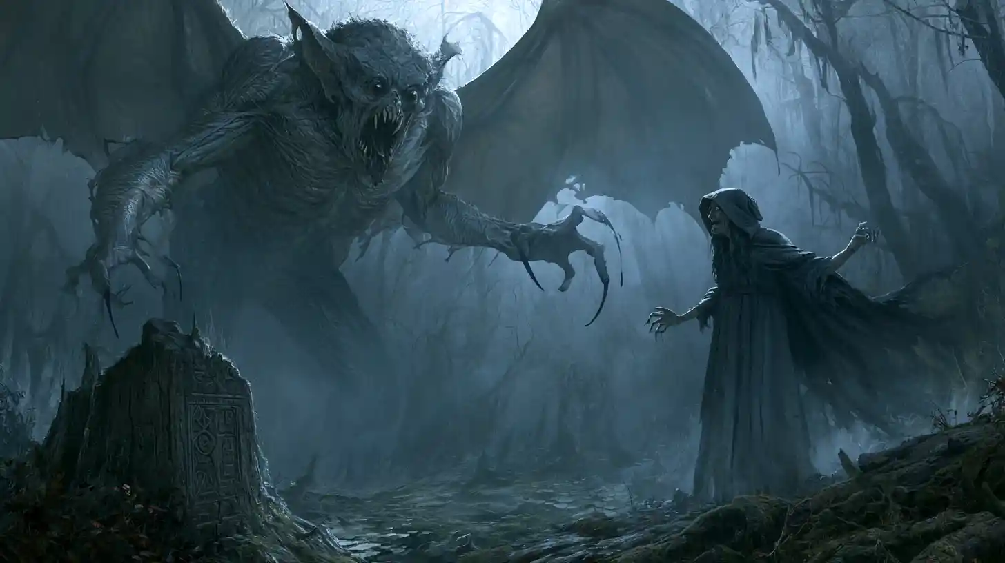 Dark witch summoning a winged demon from swamp