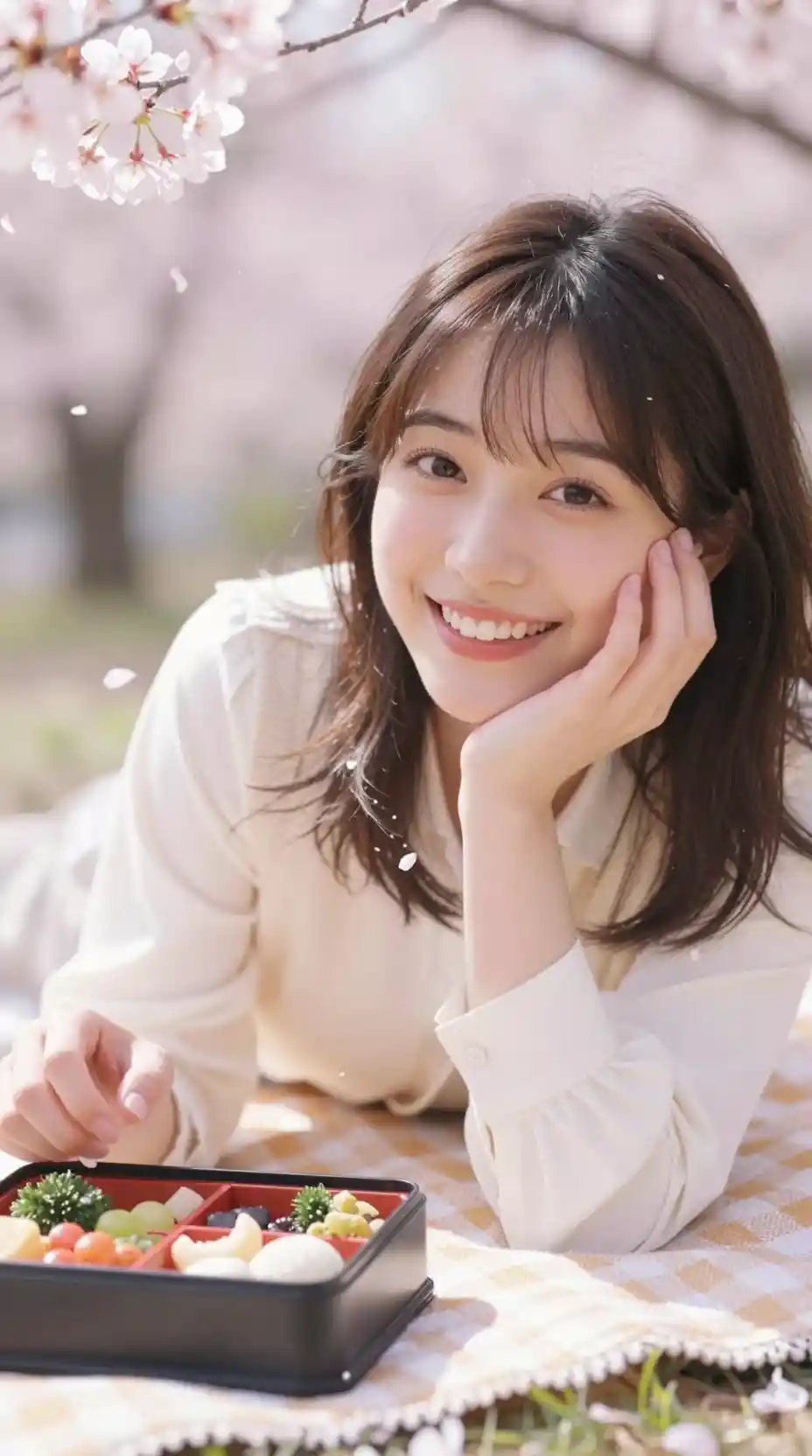 Joyful Japanese girl smiling under blooming cherry blossoms