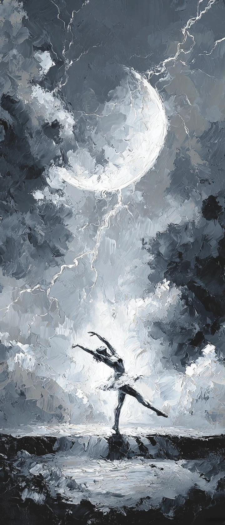 Graceful dancers in white on a moonlit stormy stage