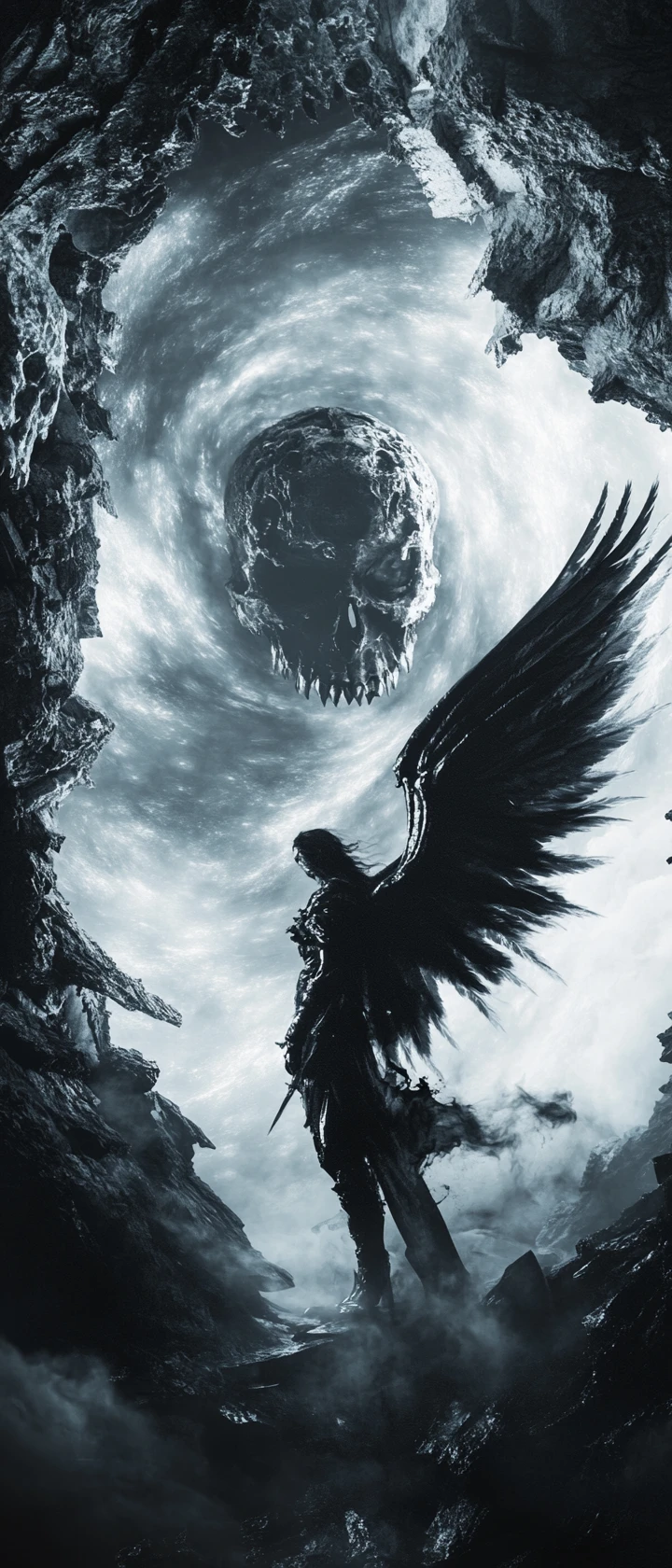 Fallen dark angel in a gothic surreal cosmic storm