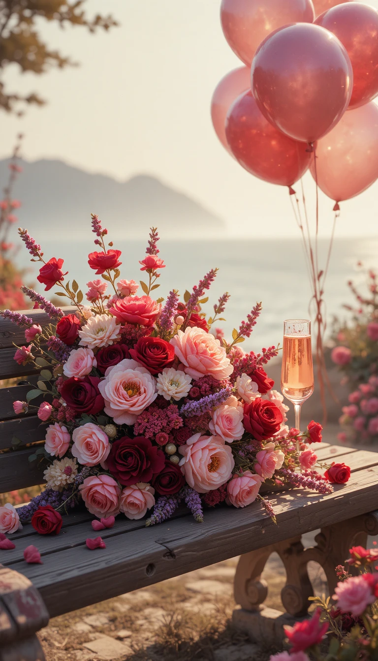 Romantic flower bouquet on wooden bench by the sea