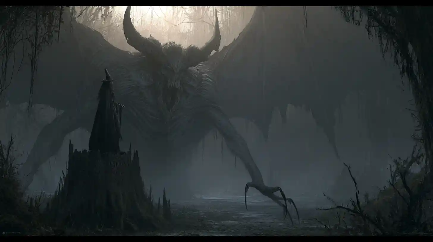 Dark witch summoning a demon from a misty swamp