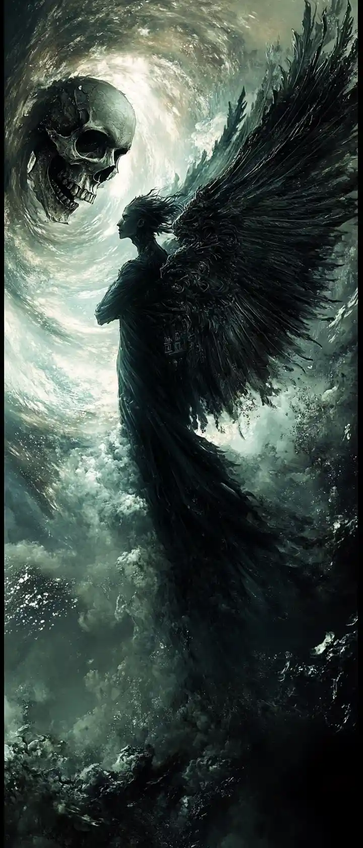 Fallen dark angel in a gothic surreal cosmic storm