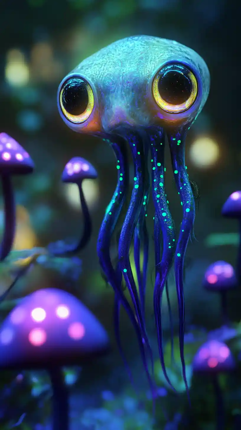 Alien creature with glowing lures in a bioluminescent forest