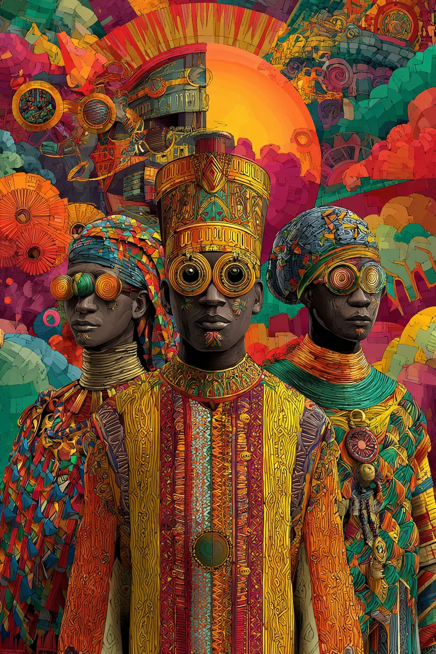 Mystical Orishas Emerging In A Surreal Cosmic Sky Scene