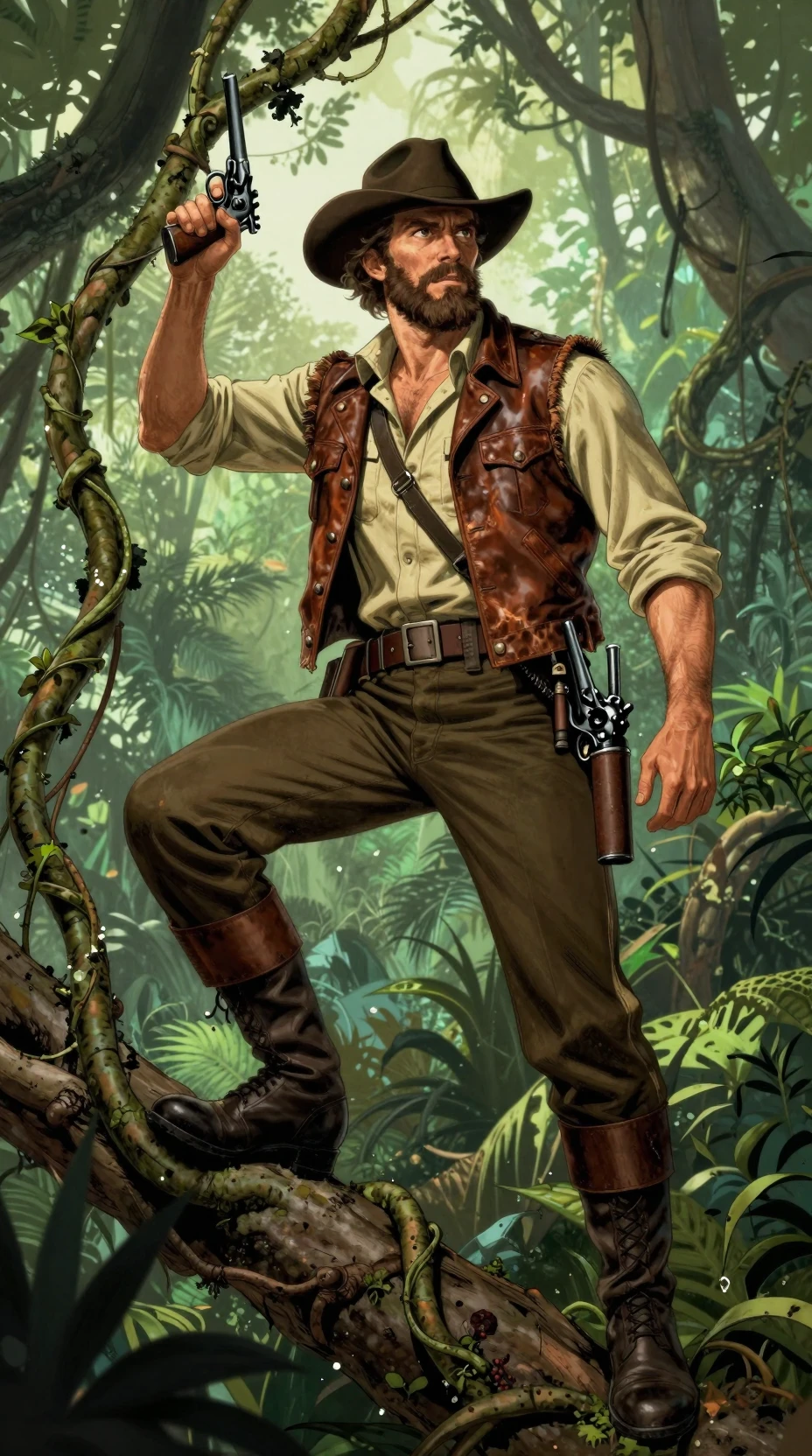 Bearded Jungle Adventurer Posing Heroically On Thick Vine