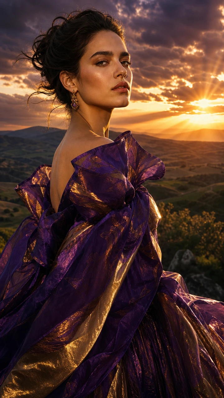 Elegant couture portrait against glowing twilight hills