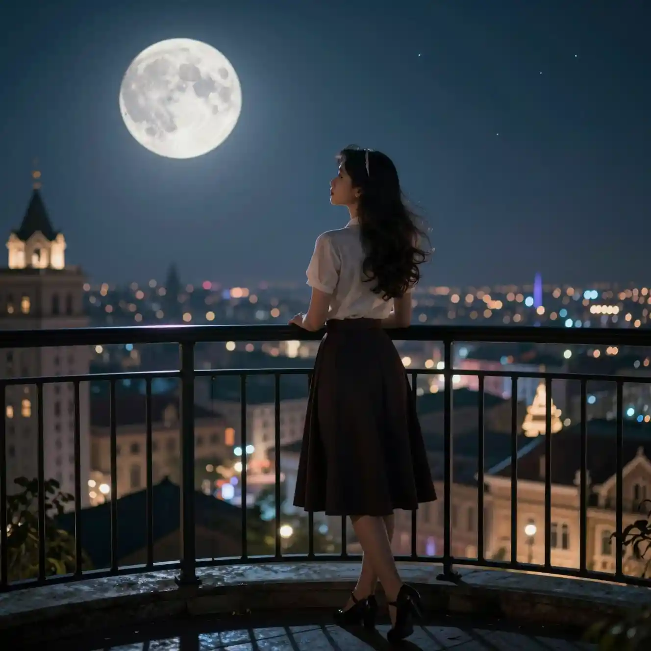 Elegant woman on moonlit balcony above enchanted city
