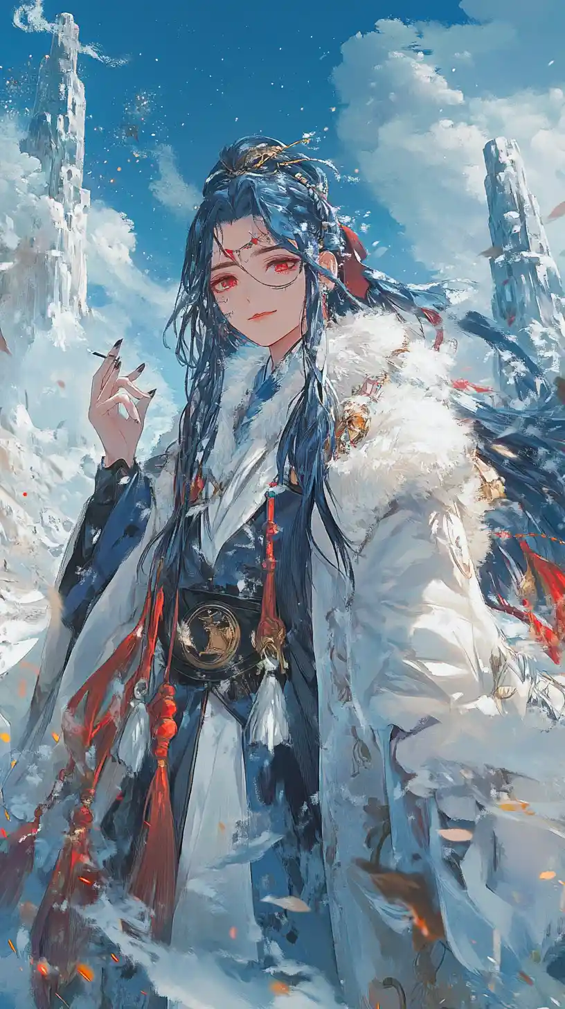 Ragazza anime dai capelli blu con spada di ghiaccio in un campo nel deserto