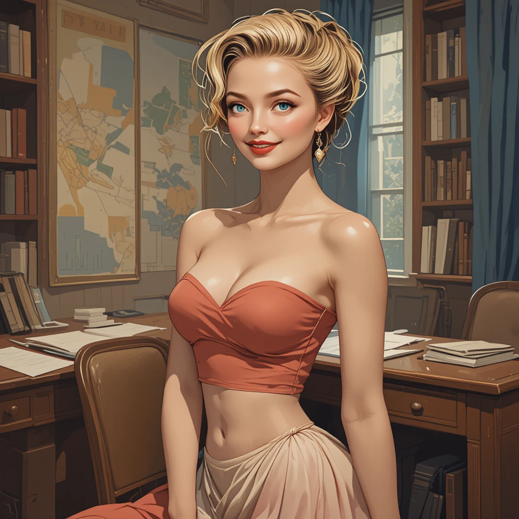 Smiling blonde woman in a vintage 1950s study room