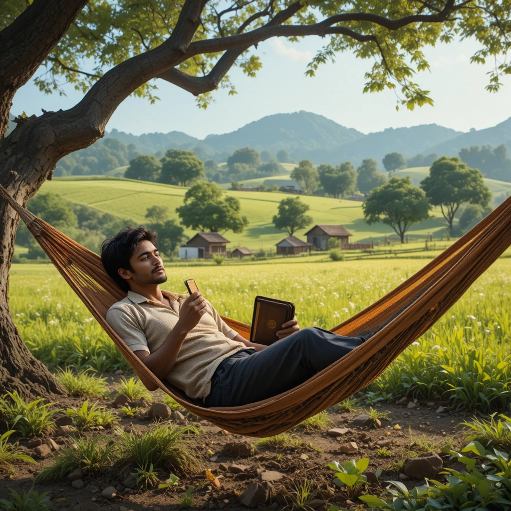 Homem relaxando em uma rede sob uma árvore no campo
