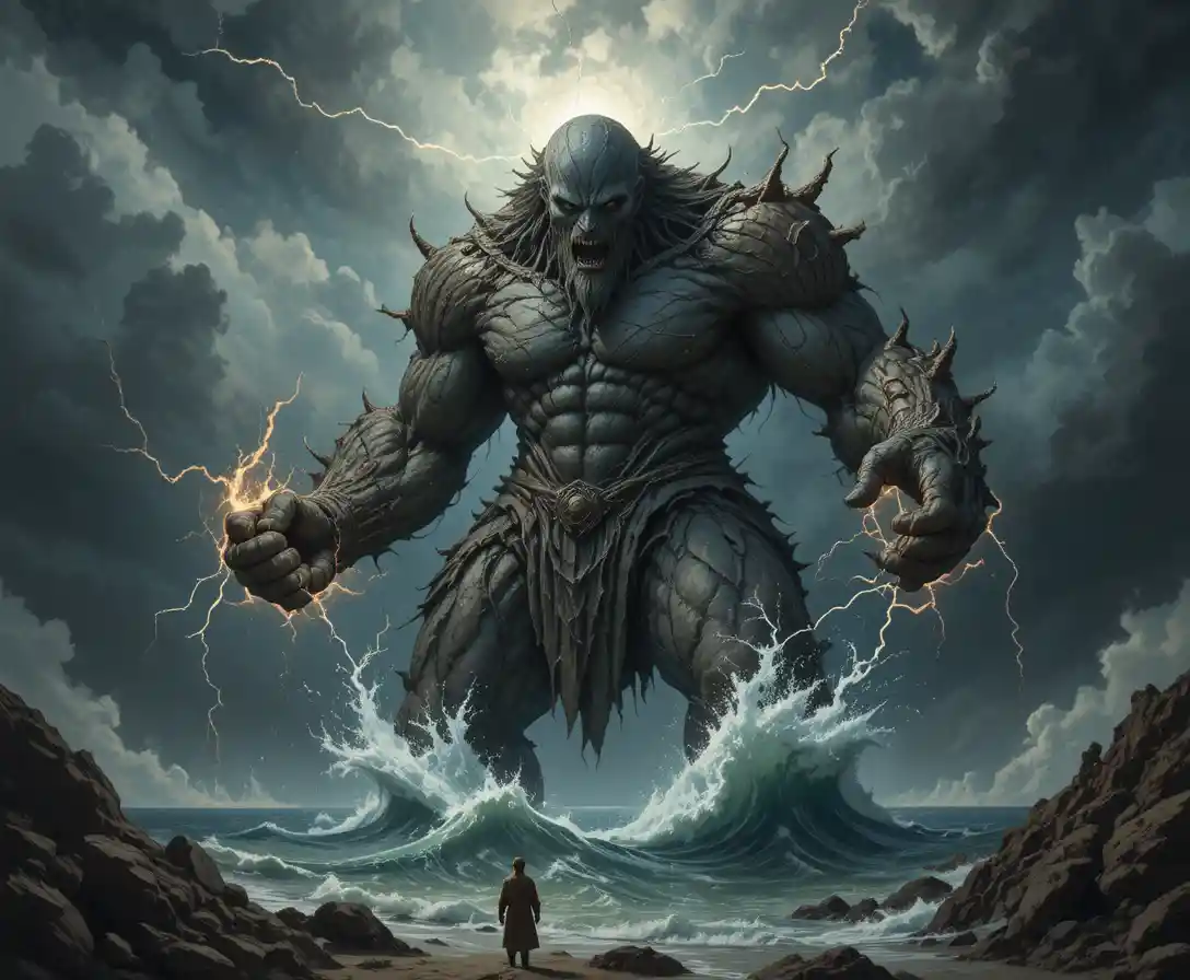 Earth spirit giant rising over a stormy ocean