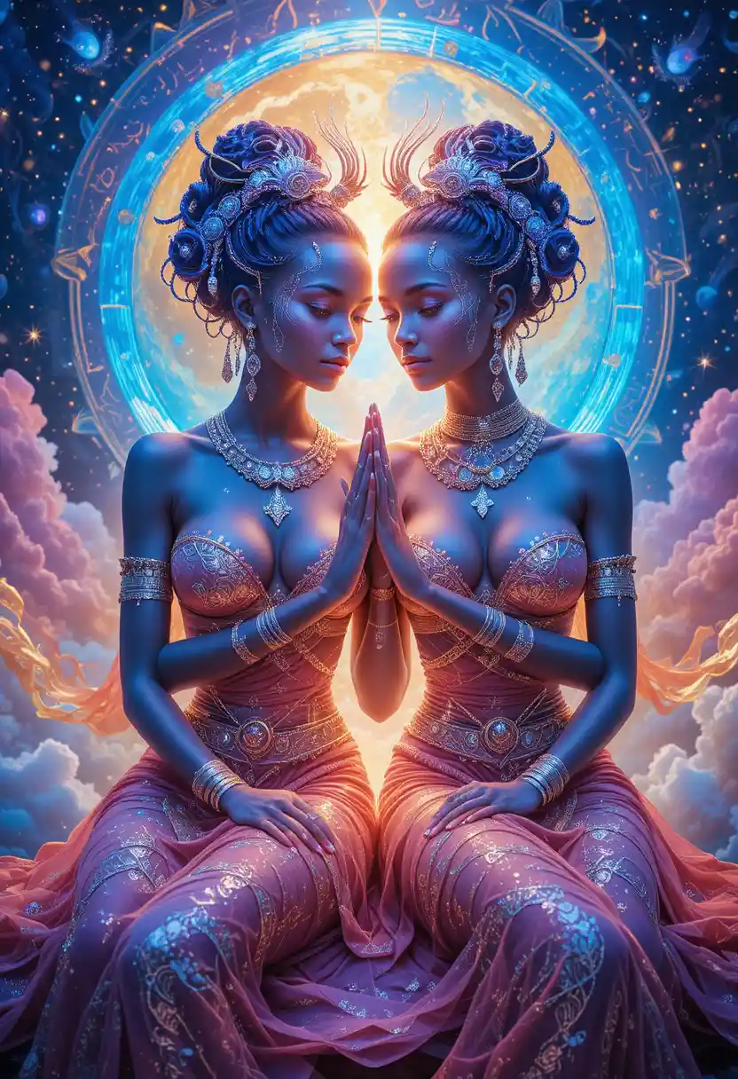 Androgynous celestial twins embodying sun and moon unity
