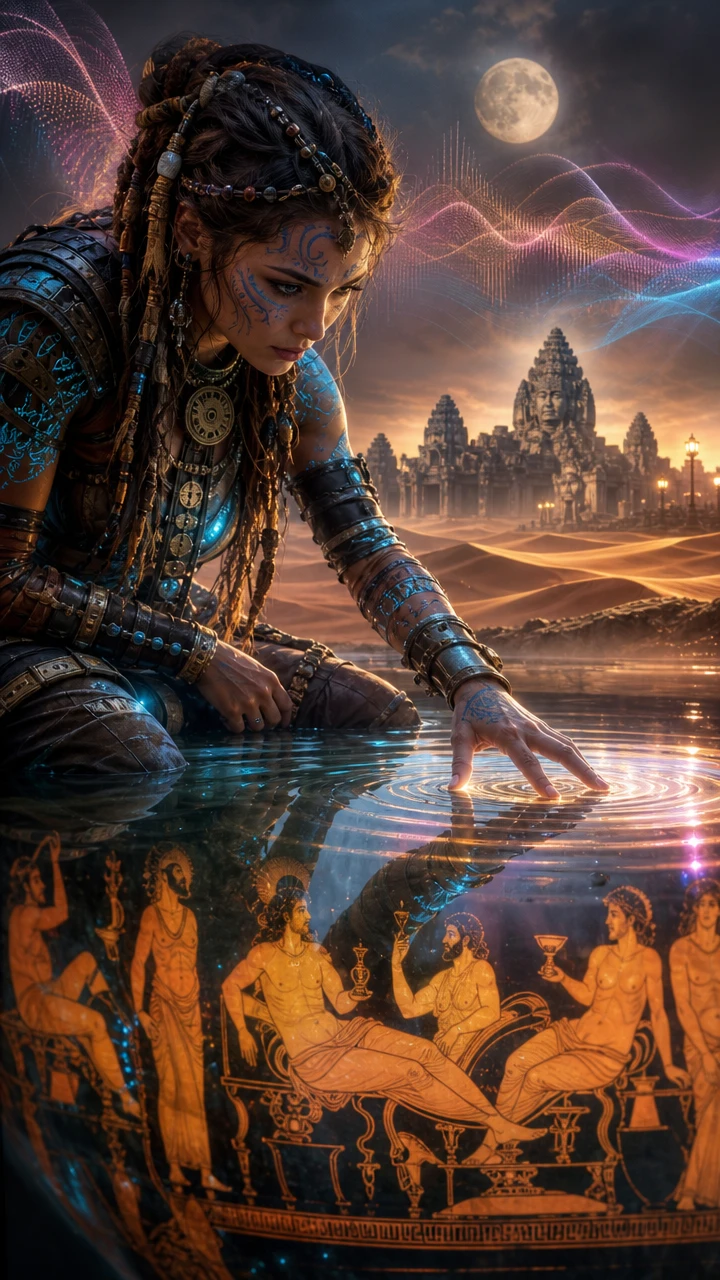 Tribal warrior woman kneeling beside a mirrored alpine lake