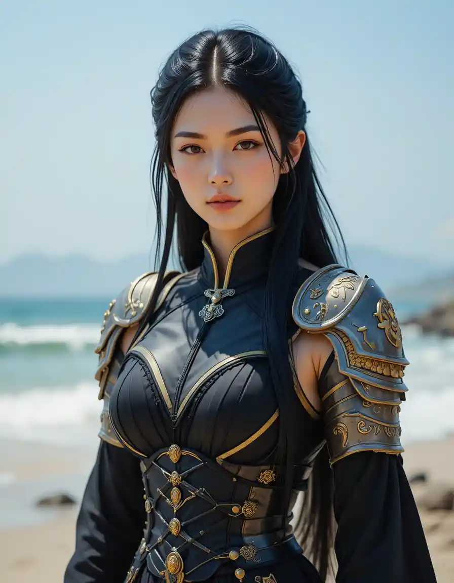 Young Japanese shaman girl standing on a sunny beach