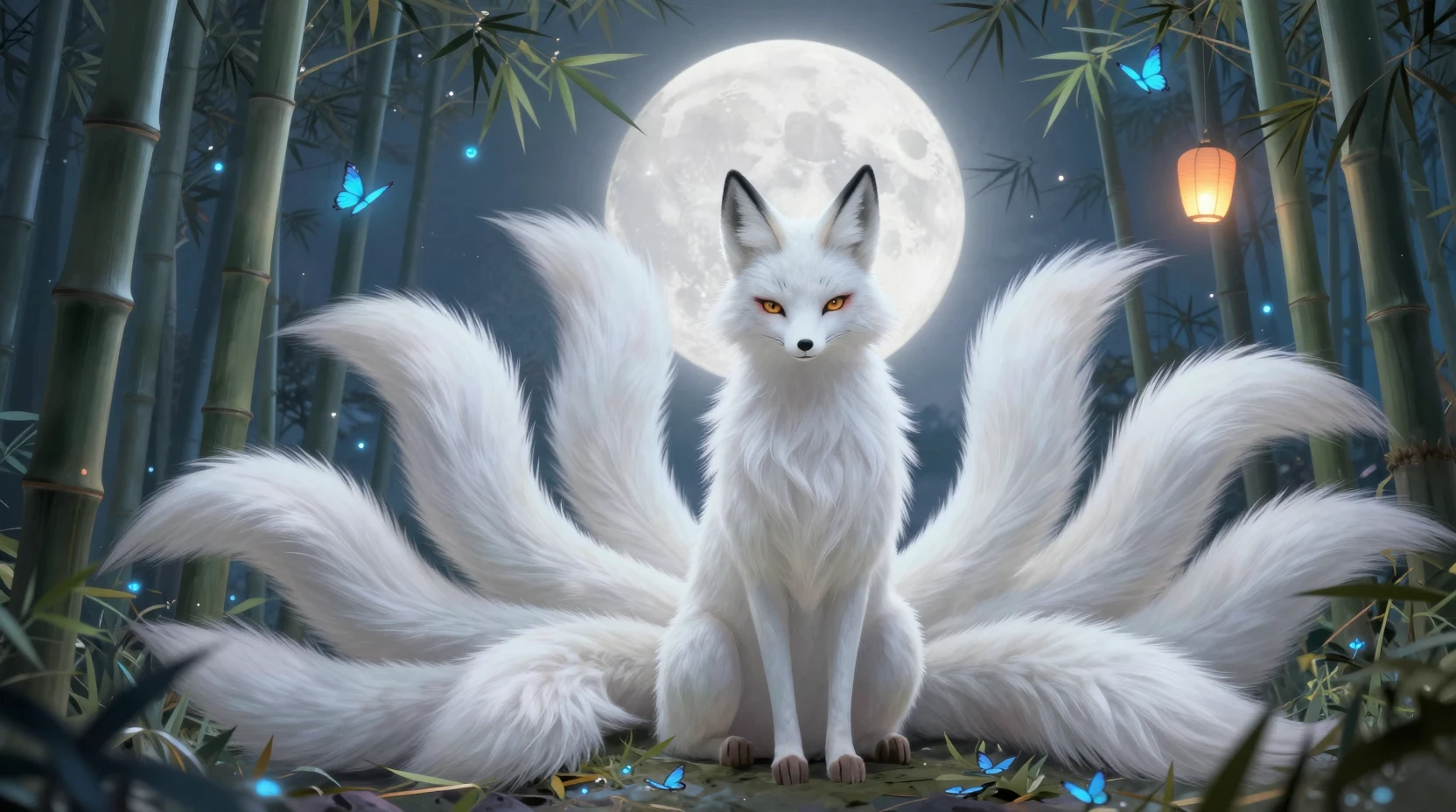 Mystical nine tailed white fox in a moonlit bamboo grove